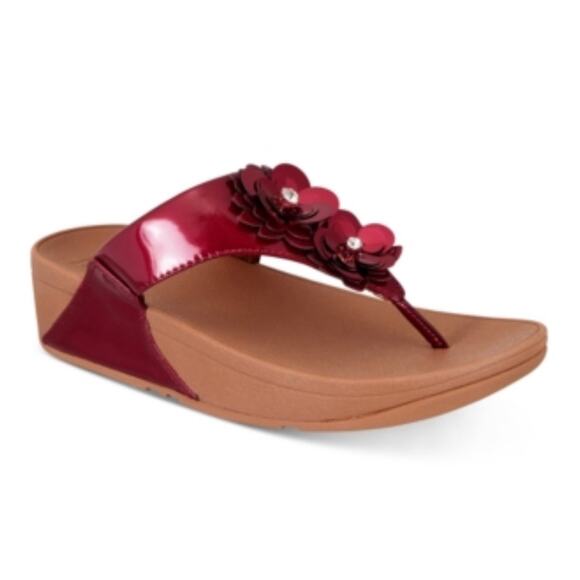FitFlop Sandals Lulu Flower Fire Red Patent Leather Thong Womens 9 Flip Flops - Picture 1 of 10